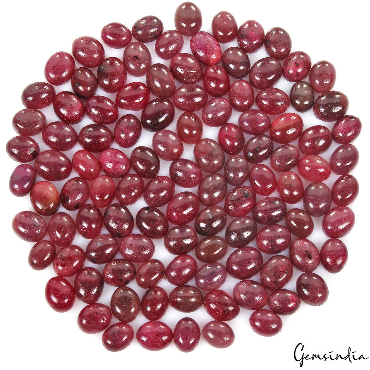 Ruby Lot, Cabochon, Color Enhanced, Red — 107 Pieces, 7mm to 9mm, 500 Ct, Madagascar