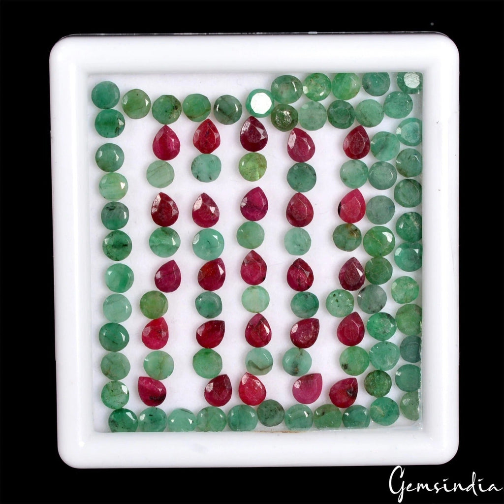 39.10 Cts/100 Pcs Natural Red Ruby Green Emerald Round Pear Cut Gems For Jewelry