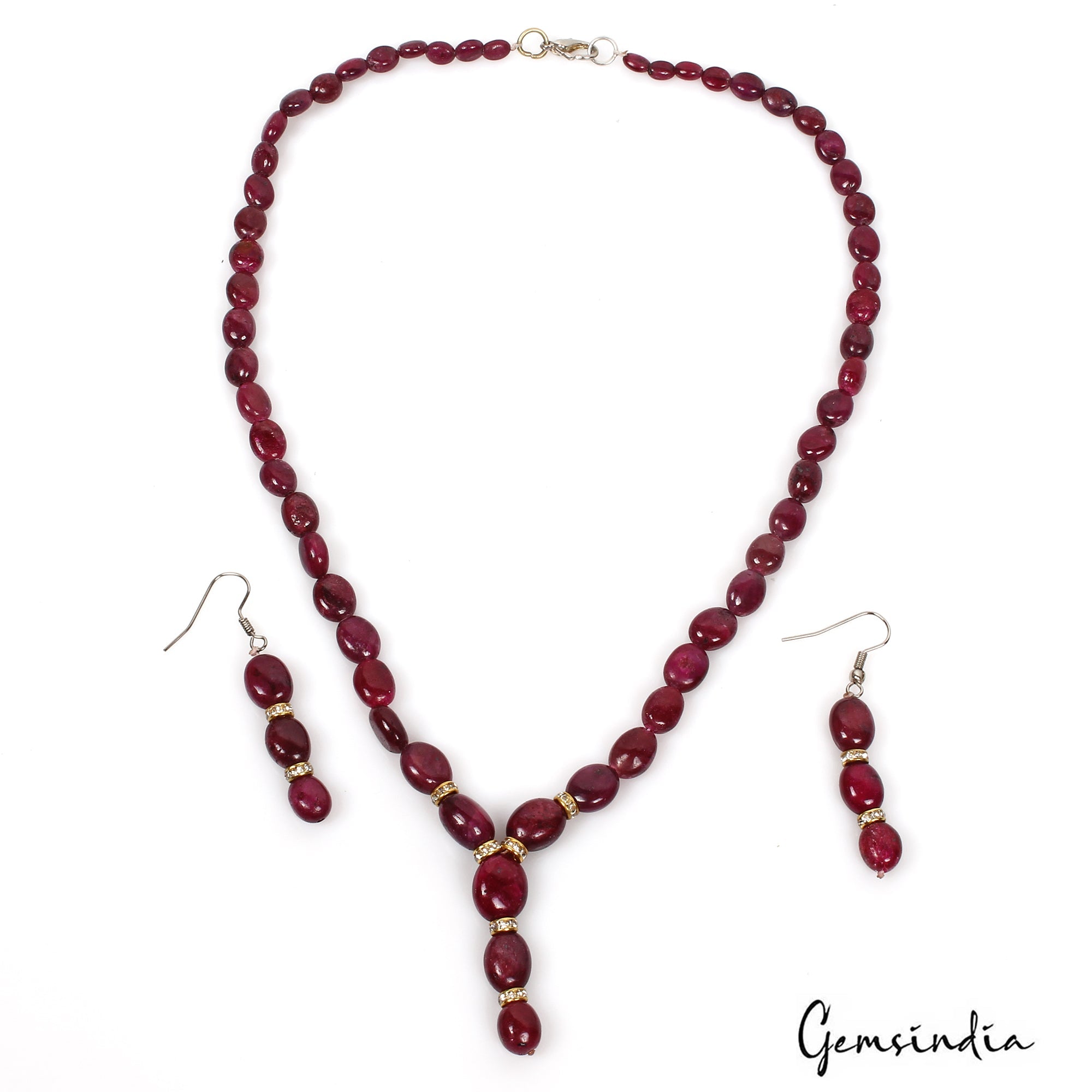 241.20 Ct Natural Red Ruby Oval Beaded Handmade Single Strand Necklace & Earring
