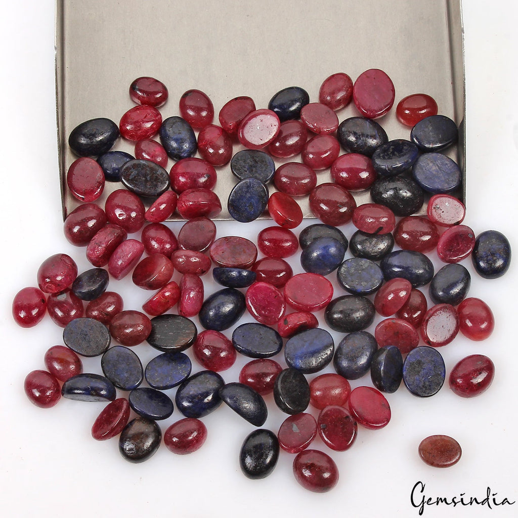 Certified 450 Cts/100 Pcs Natural Red Ruby Blue Sapphire Oval Cab Jewelry Gems