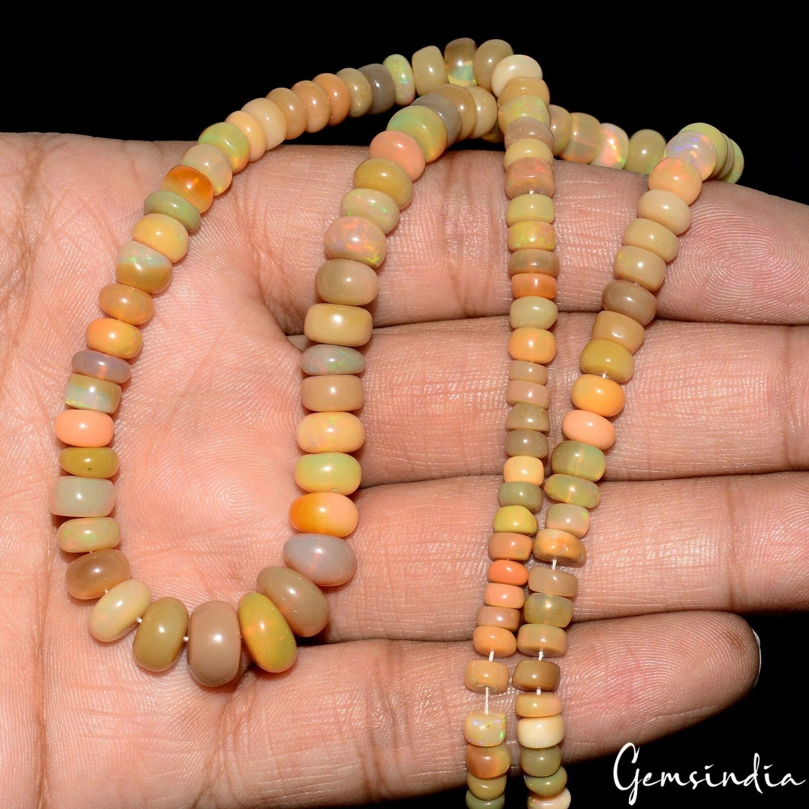 92.40Ct Natural Ethiopian Multi Fire Opal Round Cab Drilled Beads Strand 15"Long