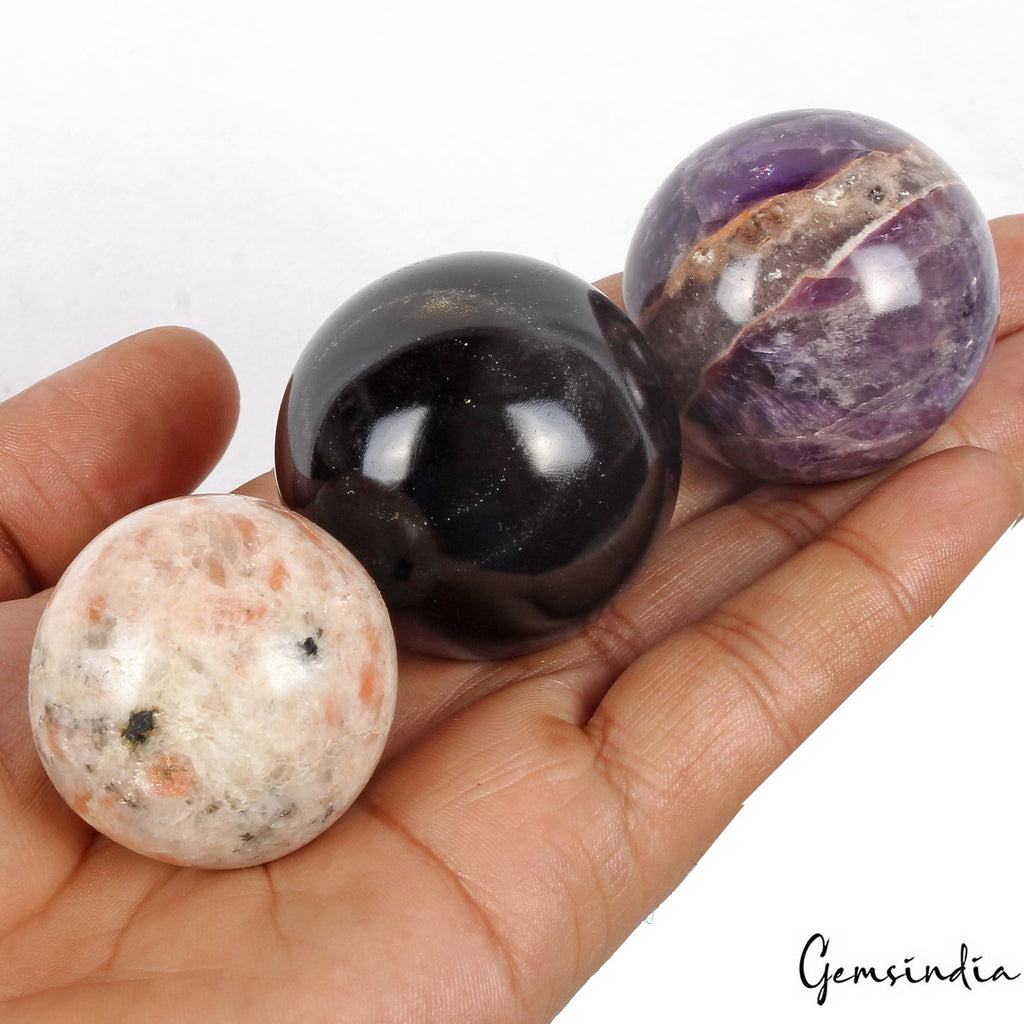 1190 Ct/3 Pcs Natural Untreated Multi Healing Crystal Gems Sphere Lot With Stand