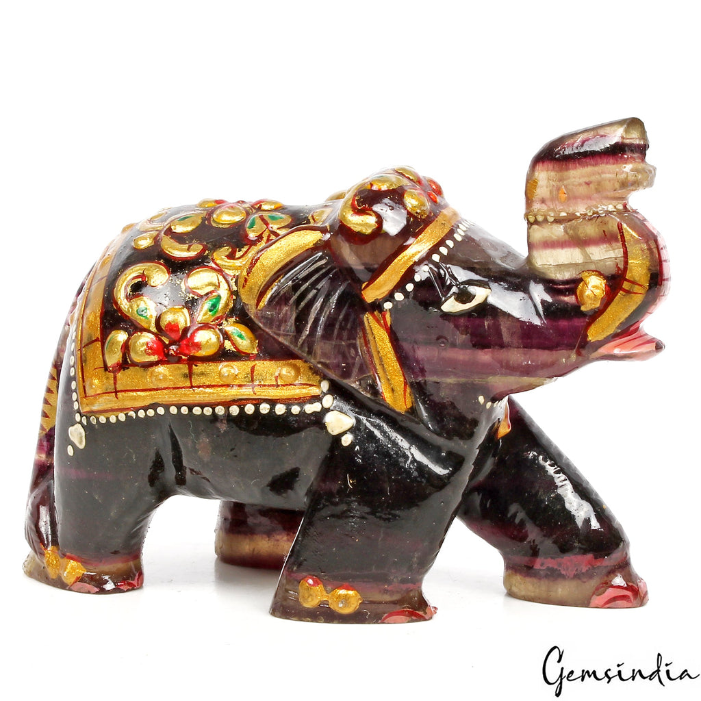 800 Cts Carved Gemstone Fluorite Trunk Up Elephant Figurine Animal Decor /Statue