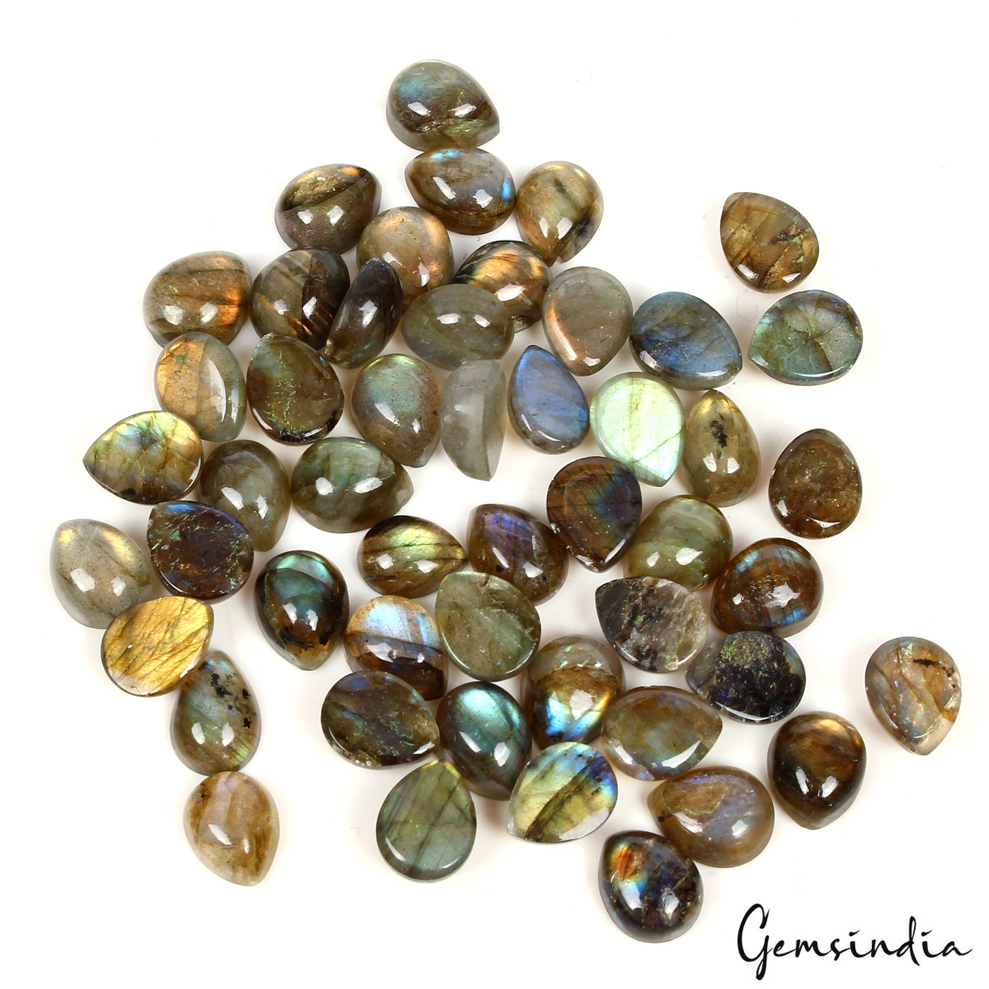 148.20 Ct/50 Pc Natural Fire Shine Labradorite Pear Cab 9-10mm Loose Gemstones