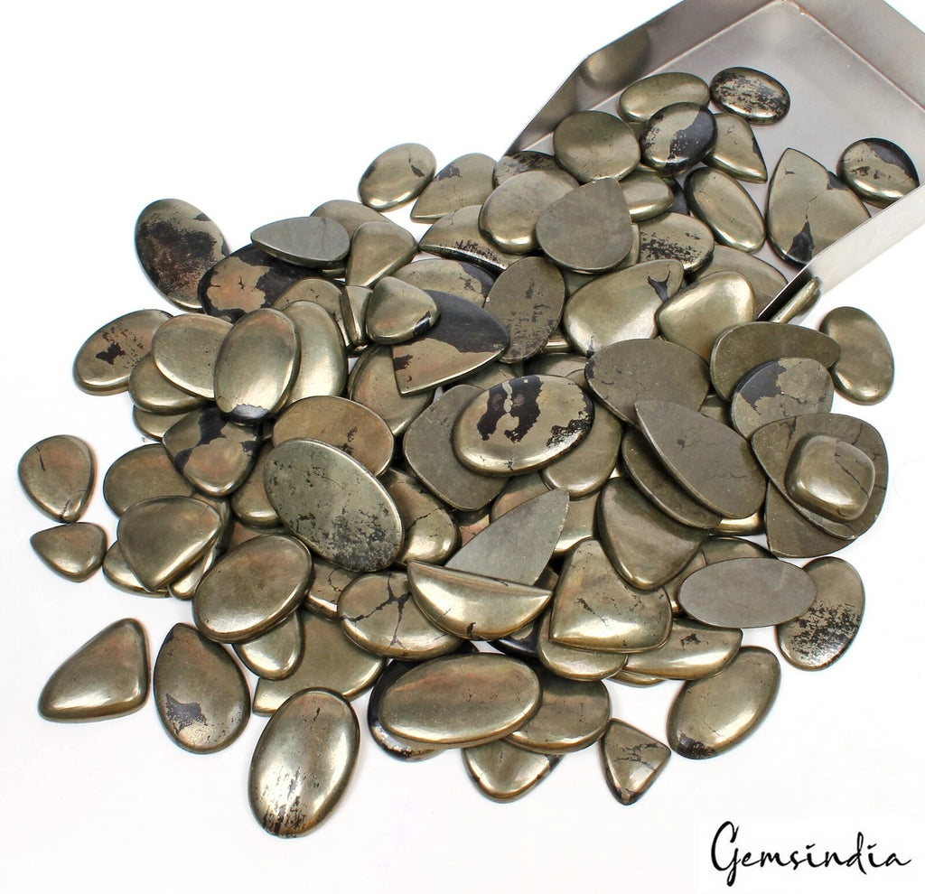 Pyrite Lot, Cabochon, Untreated, Gold — 125 Pieces, 16mm to 43mm, 5000 Ct (1 Kg)