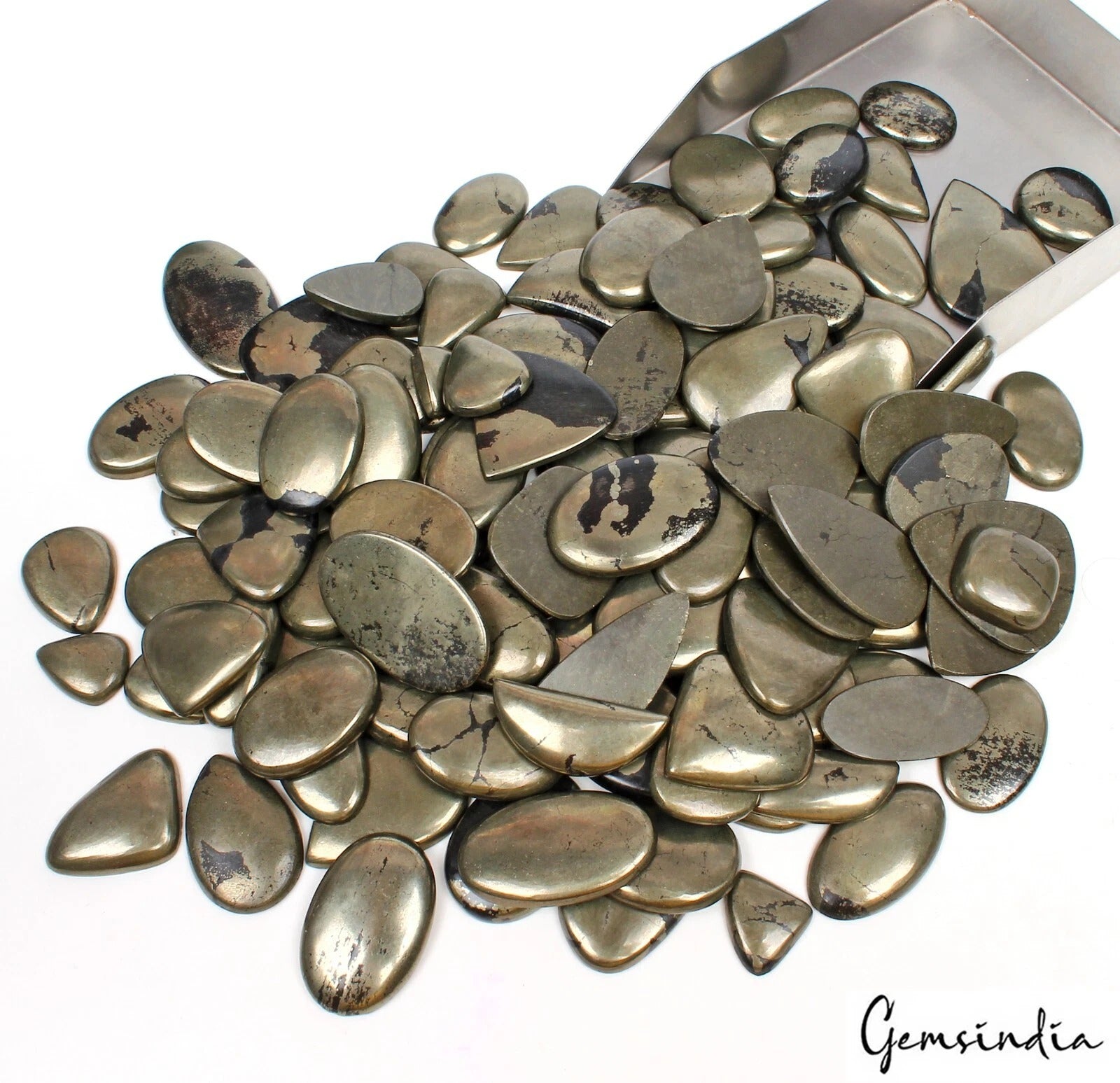 Pyrite Lot, Cabochon, Untreated, Gold — 125 Pieces, 16mm to 43mm, 5000 Ct (1 Kg)
