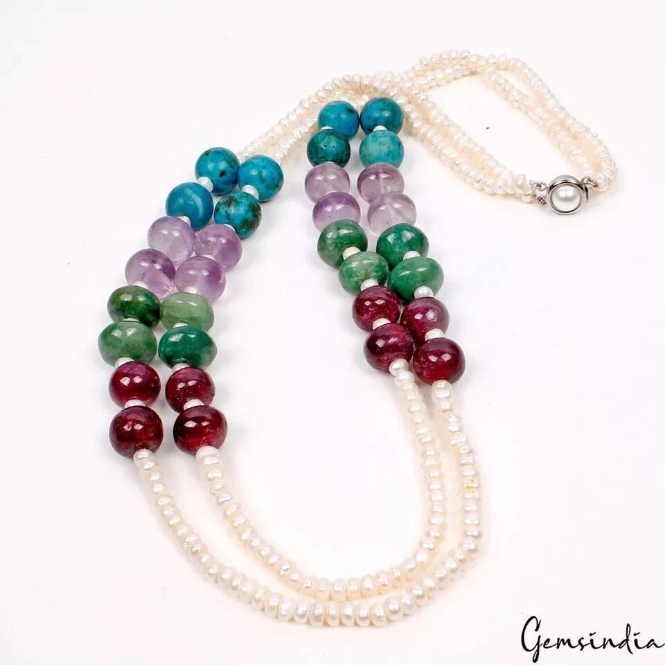 715 Ct Natural Multi Color Gems Round Beaded Double Strand Handmade Necklace 24"