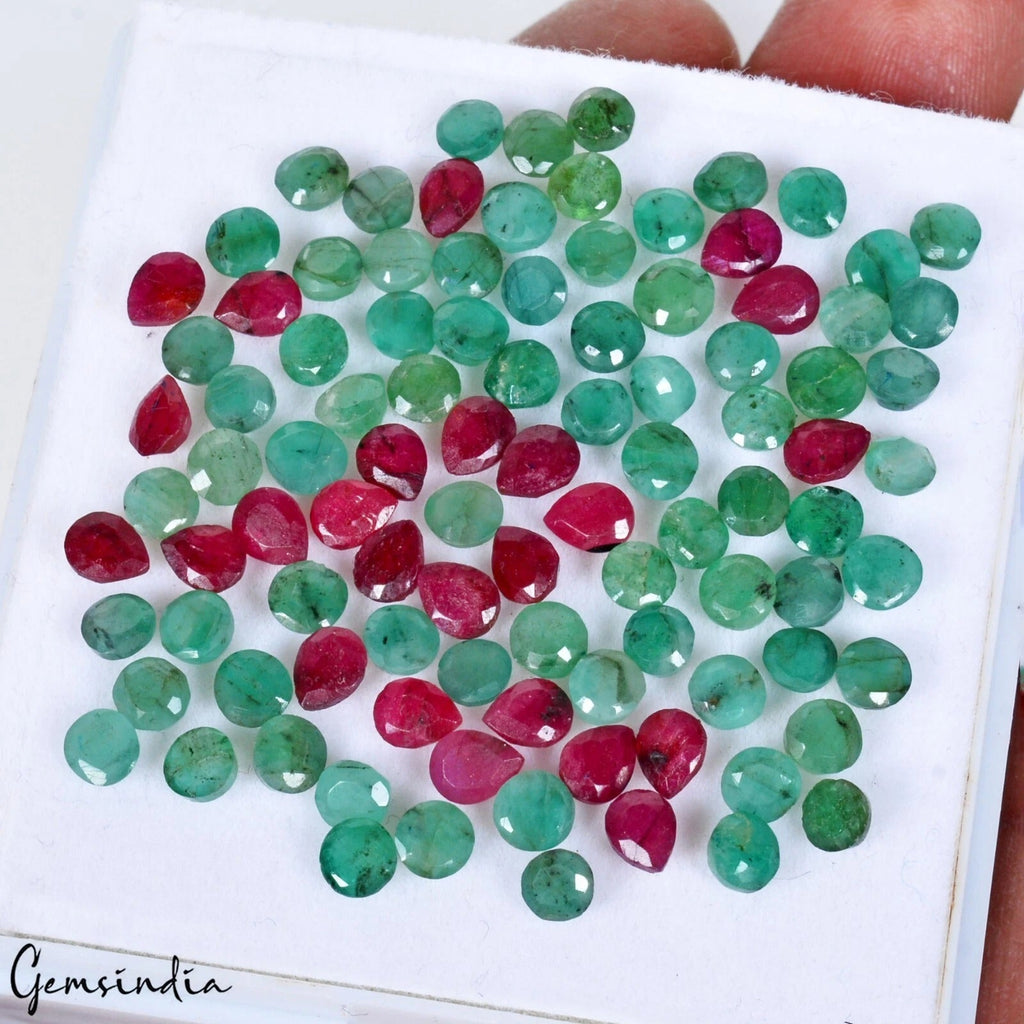 39.10 Cts/100 Pcs Natural Red Ruby Green Emerald Round Pear Cut Gems For Jewelry