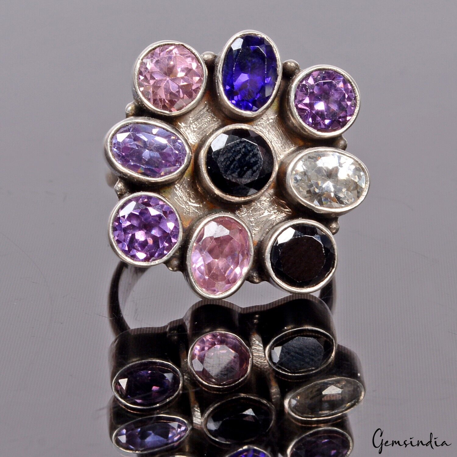925 Sterling Silver Multi Color Cubic Zirconia Flower Motif Cocktail Ring~8.5 US