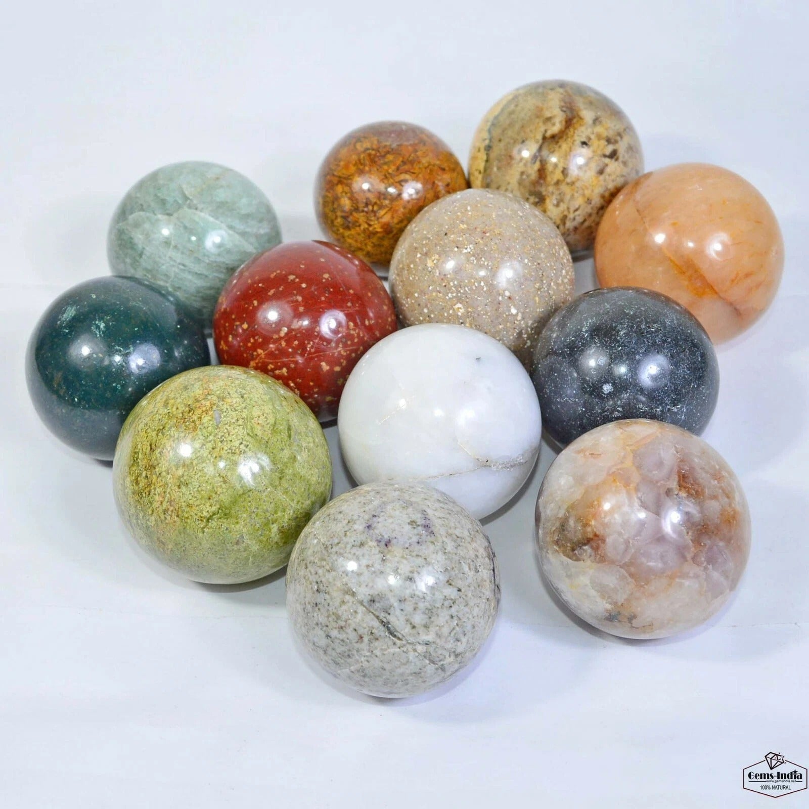 Multi-Gemstone Sphere, Untreated — 12 Pieces, 45mm to 51mm, 2.02 Kg (10130 Ct)