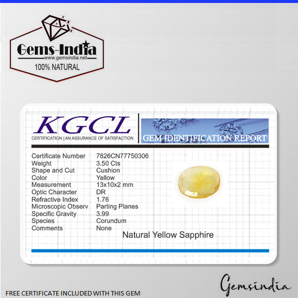 3.50 Cts Natural Ceylon Sapphire Yellow Cushion Cut Untreated Certified Gemstone