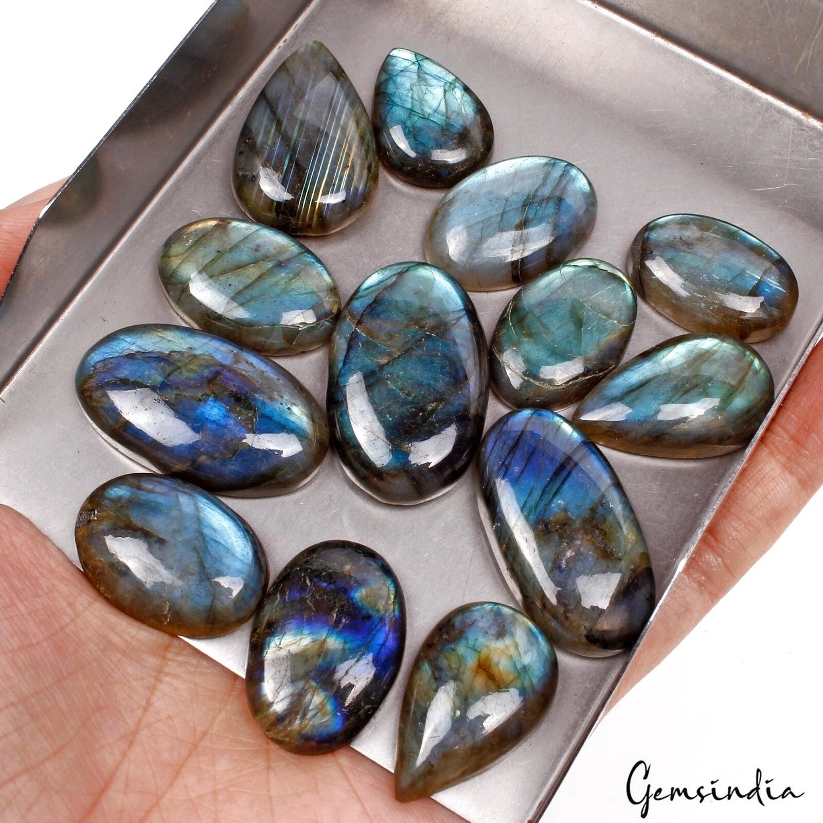 380 Cts/13 Pcs Natural Blue Shine Labradorite Mix Cabochon Loose Gemstones Lot