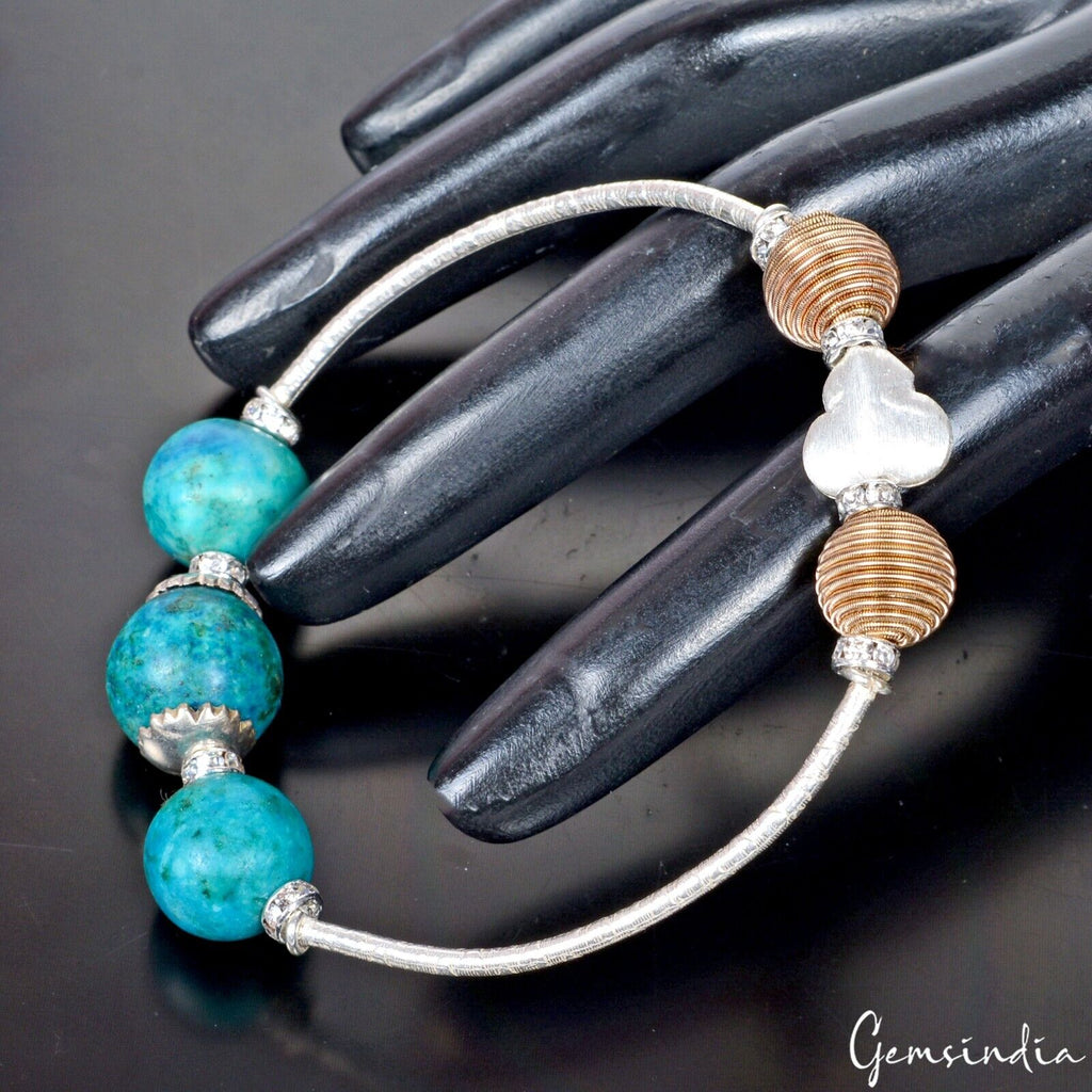 Turquoise Stone & Silver Accessories Bracelet Elastic Stretch Beads Bracelet 7"