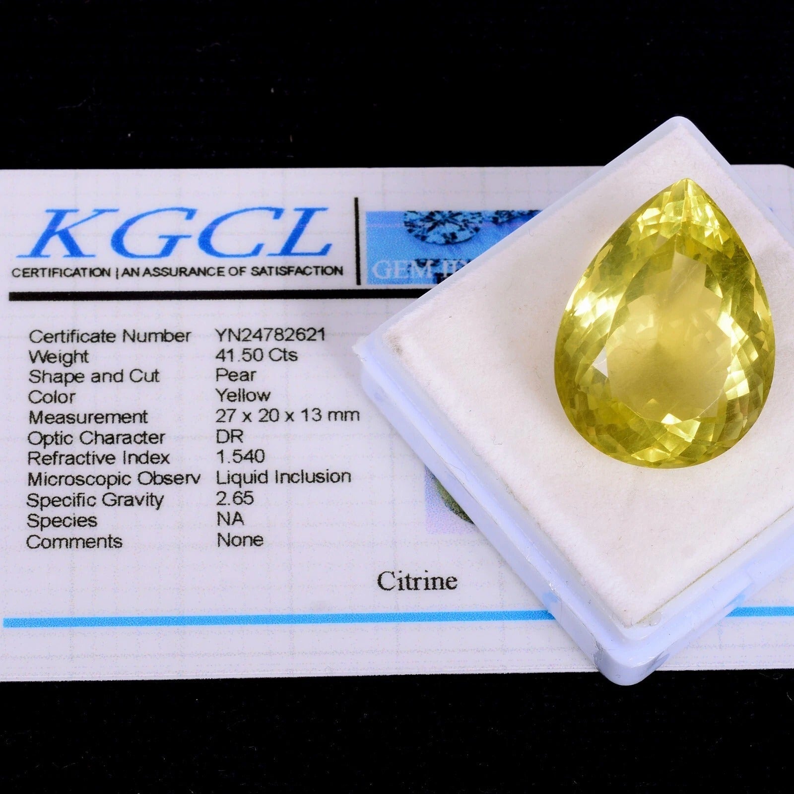 Certified 41.50 Cts Natural Untreated Yellow Green Citrine Pear Cut Flawless Gem