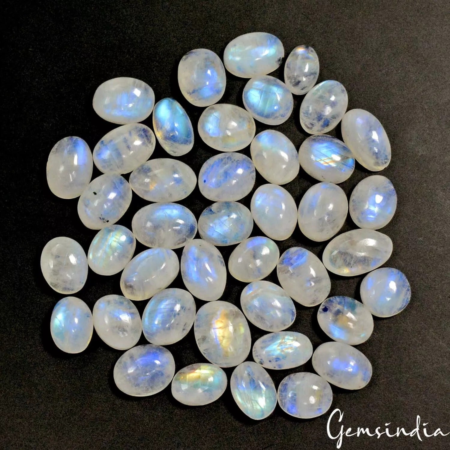 Rainbow Moonstone Lot, Cabochon, Oval Cabochon, Untreated — 41 Pieces, 10mm to 14mm, 273.80 Ct