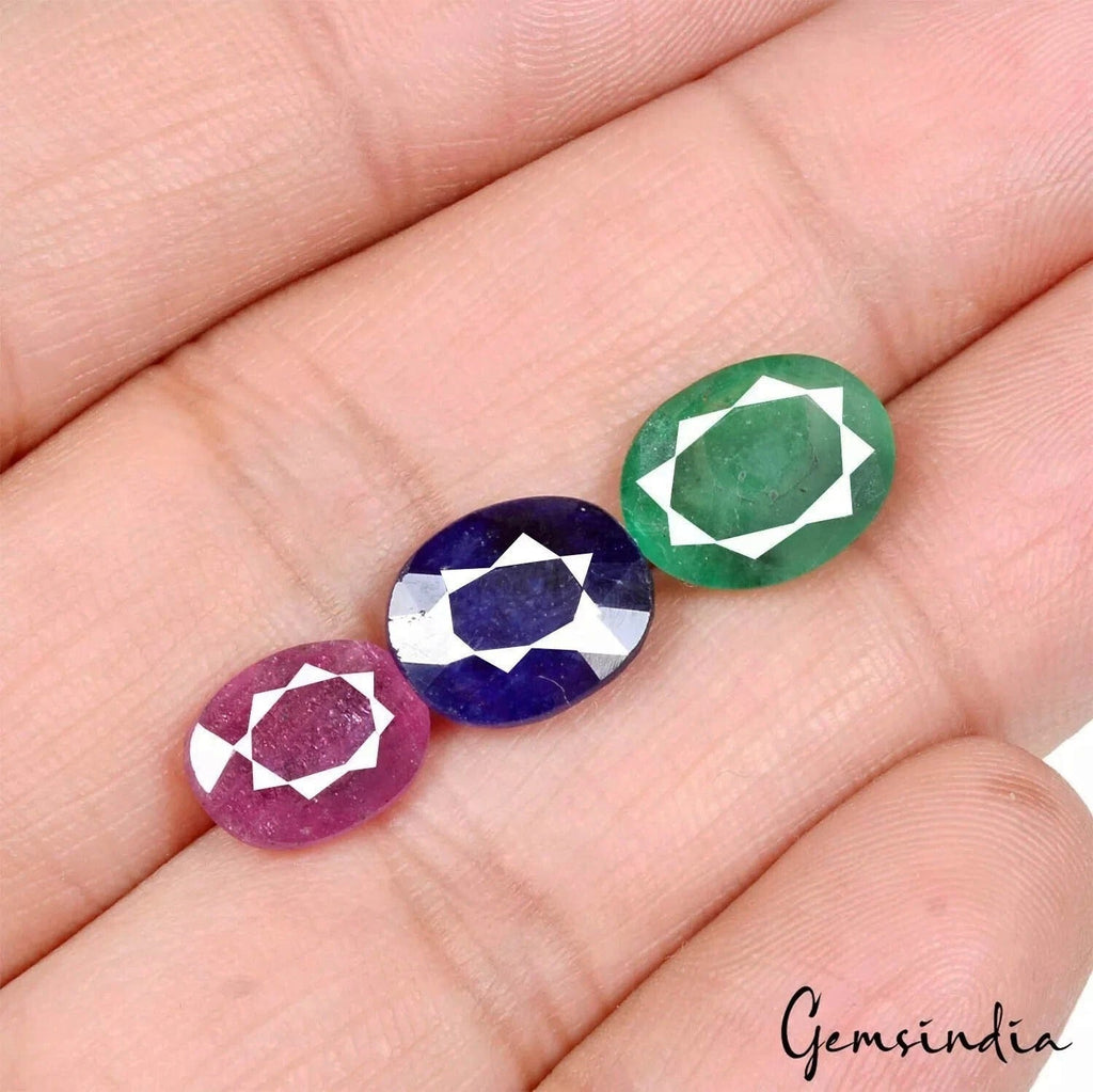 Certified 12 Ct/3 Pcs Natural Red Ruby Green Emerald Blue Sapphire Oval Cut Gems