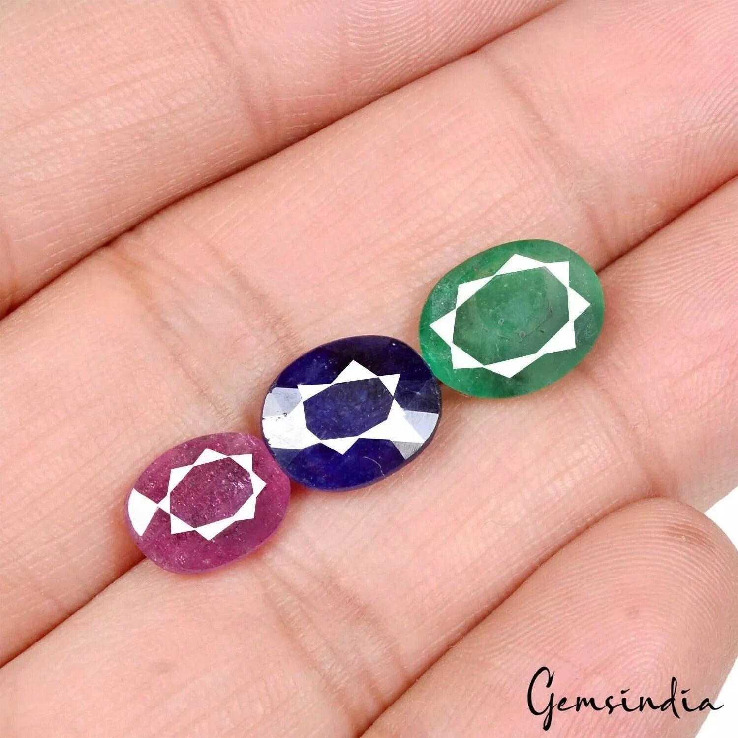 Certified 12 Ct/3 Pcs Natural Red Ruby Green Emerald Blue Sapphire Oval Cut Gems