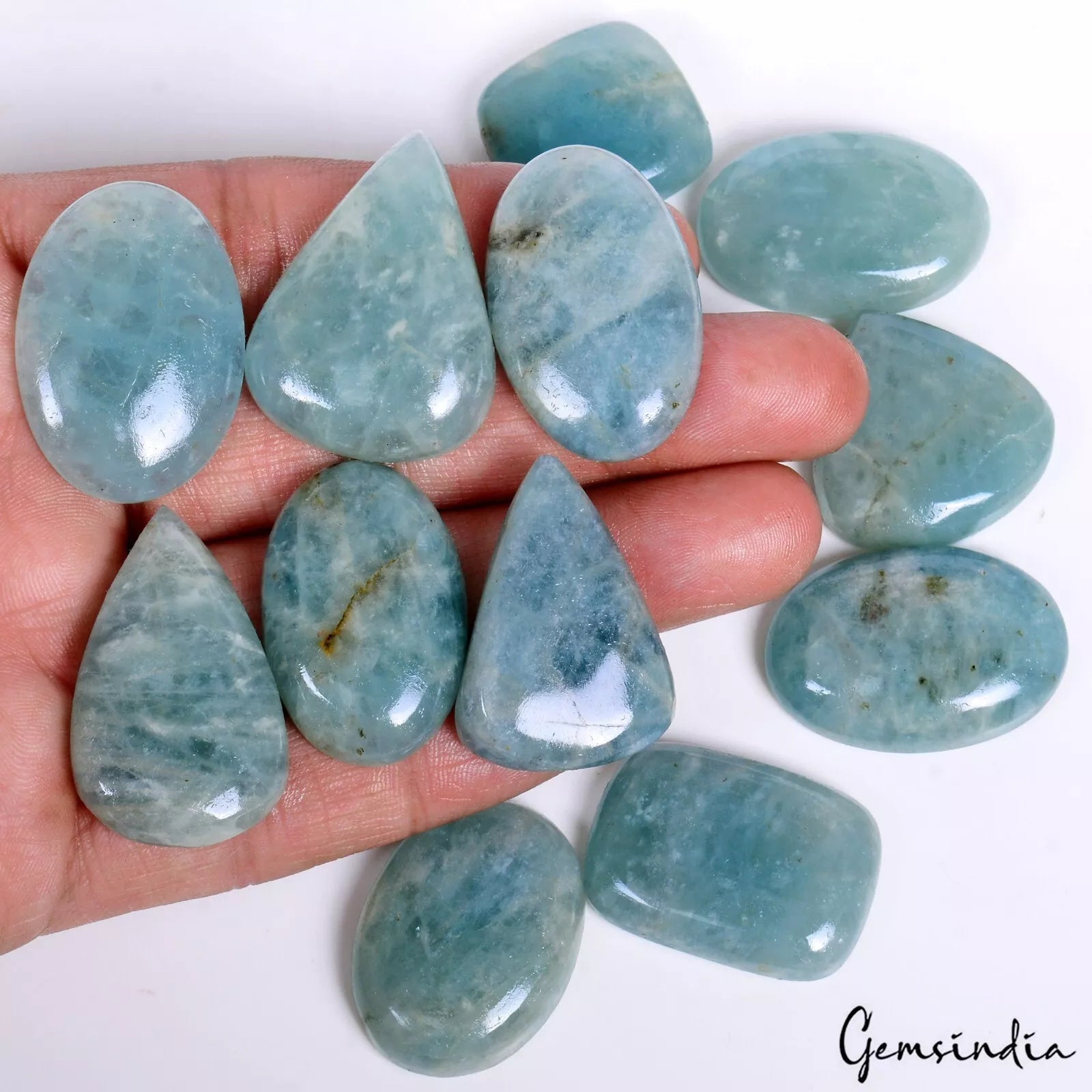 12 Pcs Natural Aquamarine Beryl Loose Cabochon Pendant Size Gemstones 540 Cts