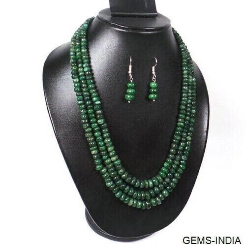 600 Ct Natural Untreated Sakota Mine Emerald Beads 3 Strand Handmade Jewelry Set