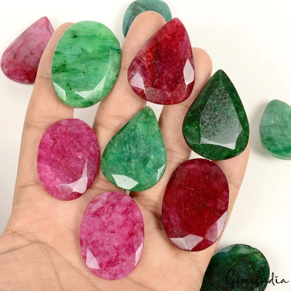 750 Ct/11 Pc Natural Red Beryl/Green Emerald Mix Cut Loose Pendant Size Gemstone