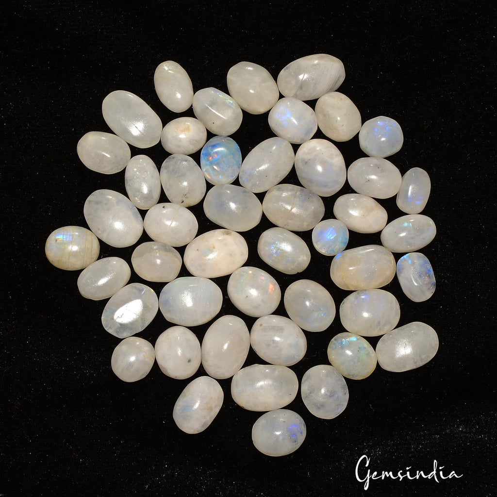 46 Pcs Natural Rainbow Moonstone 8-16mm Oval Shape Blue Shines Cab Gemstones Lot
