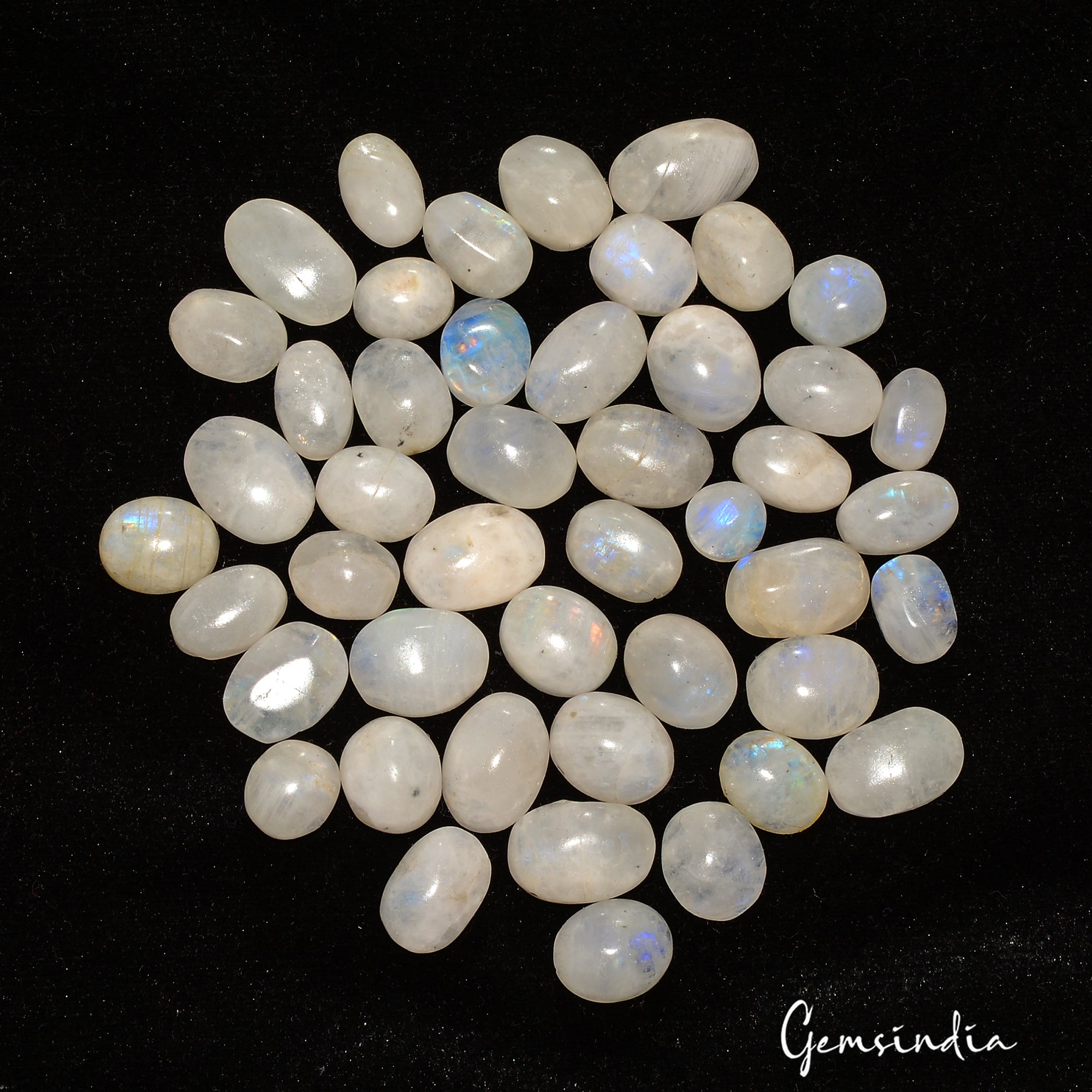 46 Pcs Natural Rainbow Moonstone 8-16mm Oval Shape Blue Shines Cab Gemstones Lot