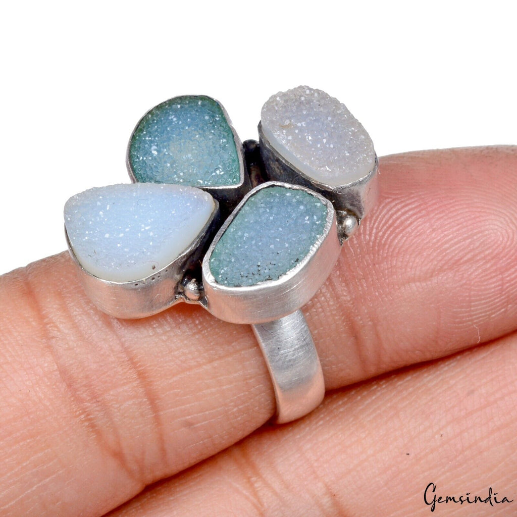 Onyx Drusy Sterling Silver Ring, Untreated, Silver — Size 6.5 US, 45.00 Ct (9.00 g)