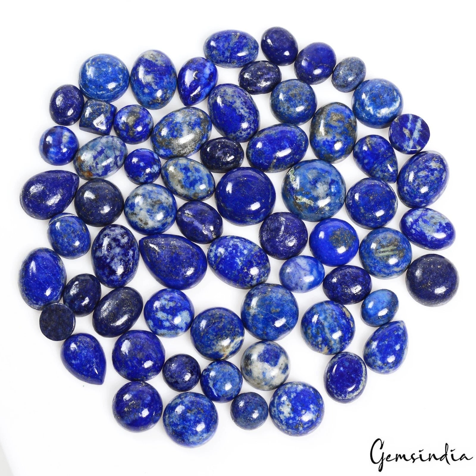 Lapis Lazuli Lot, Cabochon, Oval & Round Cabochon, Blue — 62 Pieces, 8mm, 460 Ct, Afghanistan