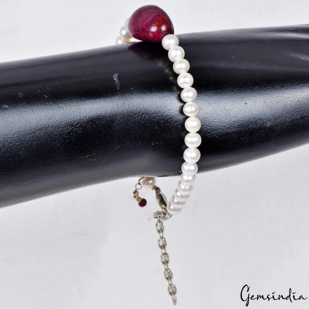74 Ct Natural Red Ruby &Pearl Beaded Handmade Bracelet W Adjustable Silver Chain