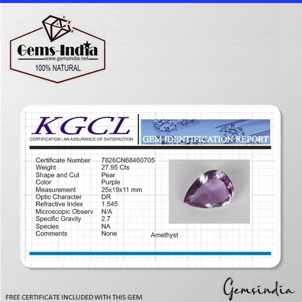 27.95 Ct Natural Untreated Purple Amethyst Pear Cut Faceted Loose Certified Gems