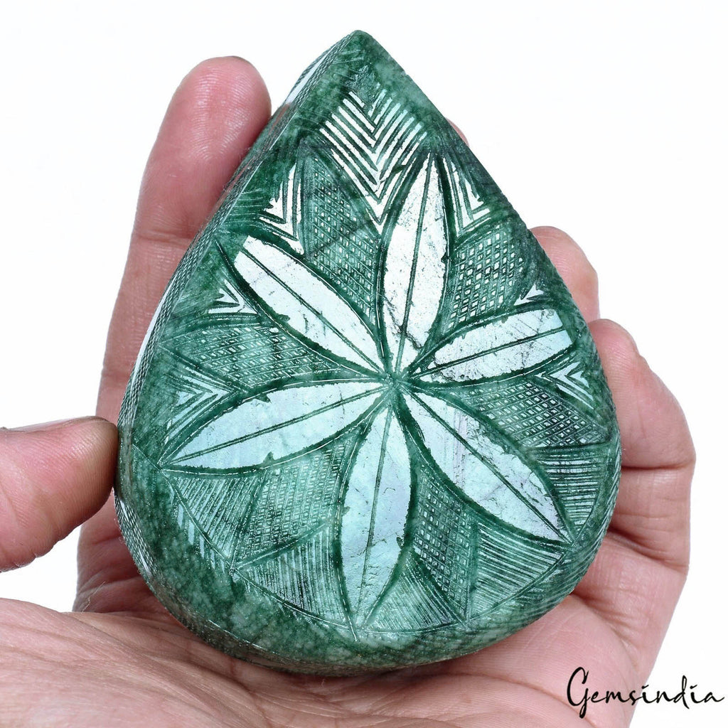 Emerald Carving, Pear Carved, Color Enhanced — 87x69x46mm, 2020 Ct, Brazil