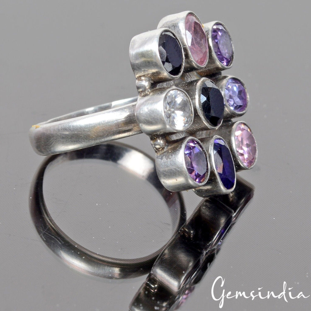 925 Sterling Silver Multi Color Cubic Zirconia Flower Motif Cocktail Ring~8.5 US