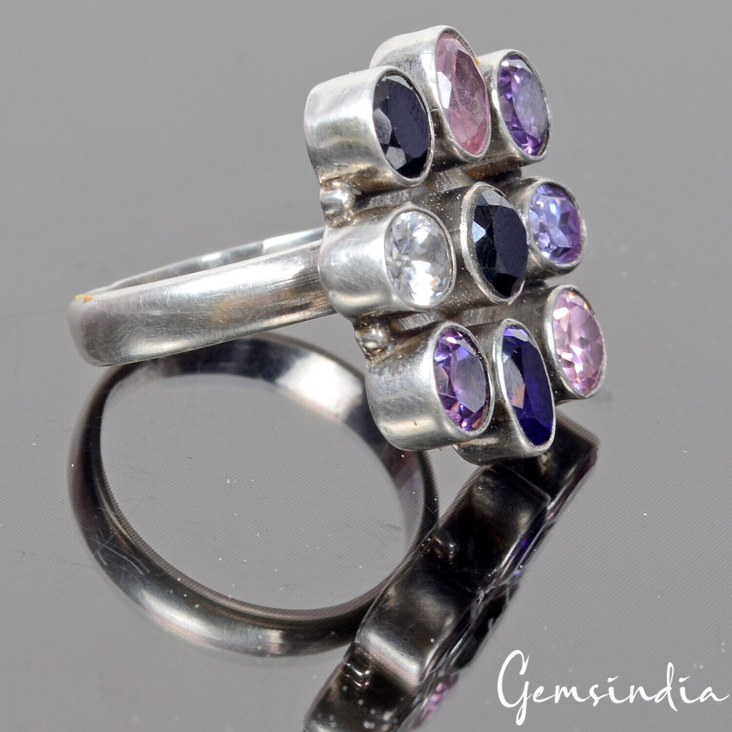 925 Sterling Silver Multi Color Cubic Zirconia Flower Motif Cocktail Ring~8.5 US