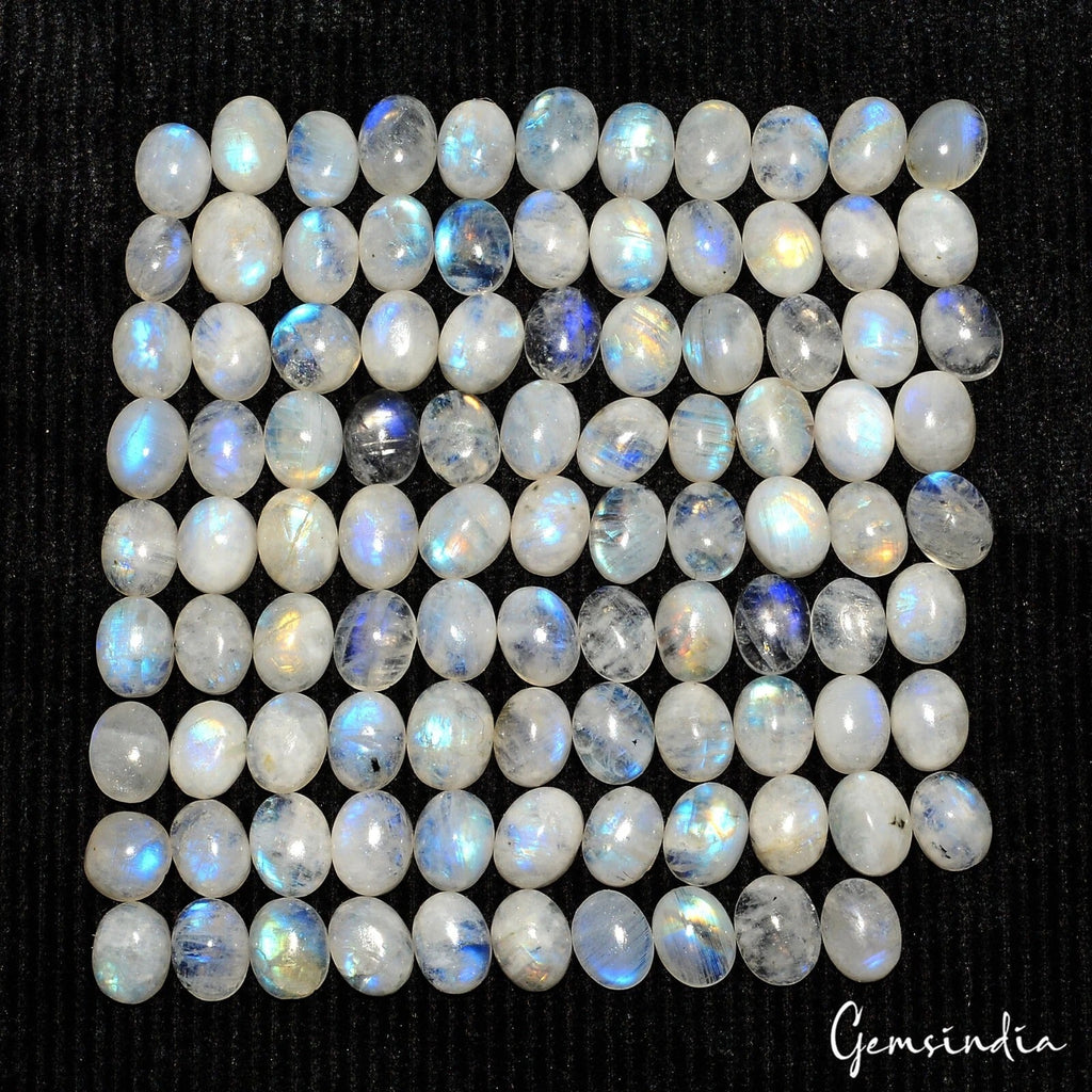 98 Pcs Natural Rainbow Moonstone 8-9mm Oval Blue Shine Cabochon Gemstones~220 Ct