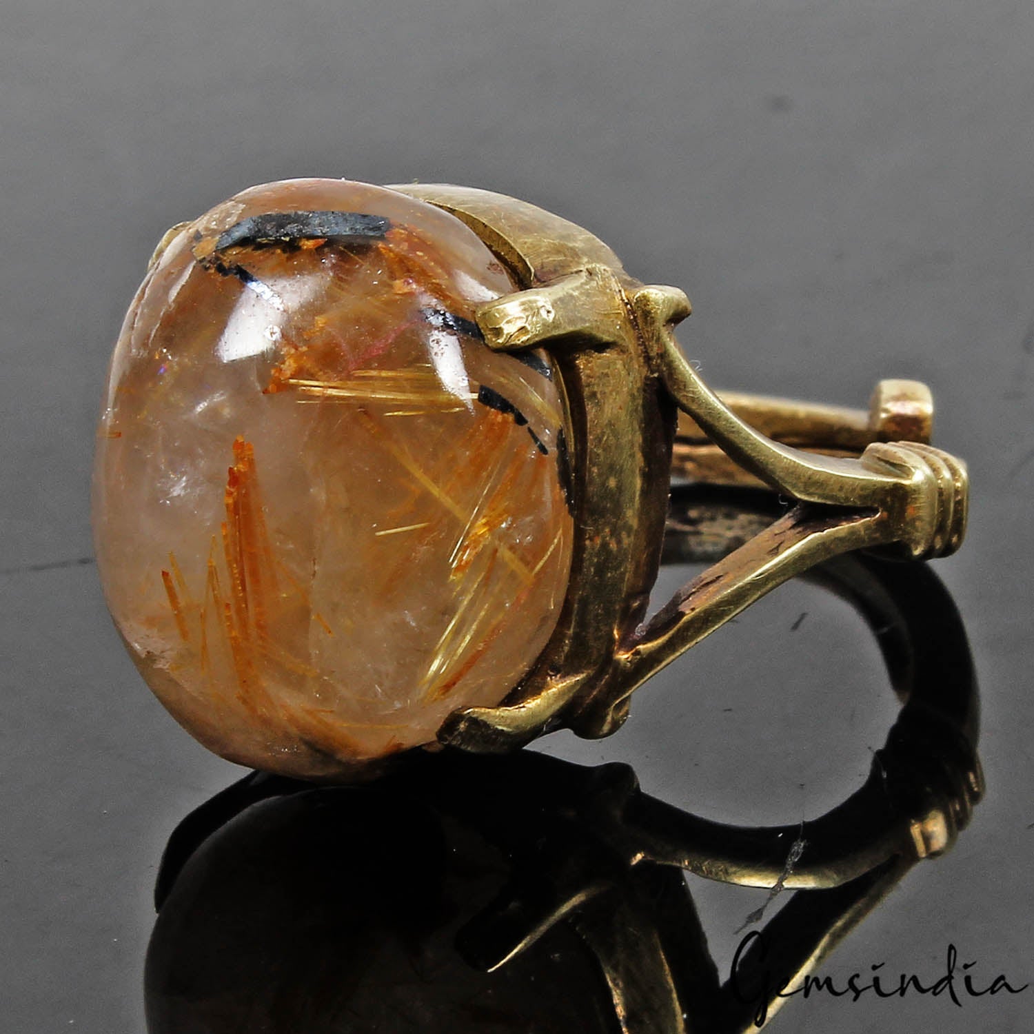 8.90 gm Golden Wire Rutile Oval Cab Gem Ashtadhatu Astrological Adjustable Ring