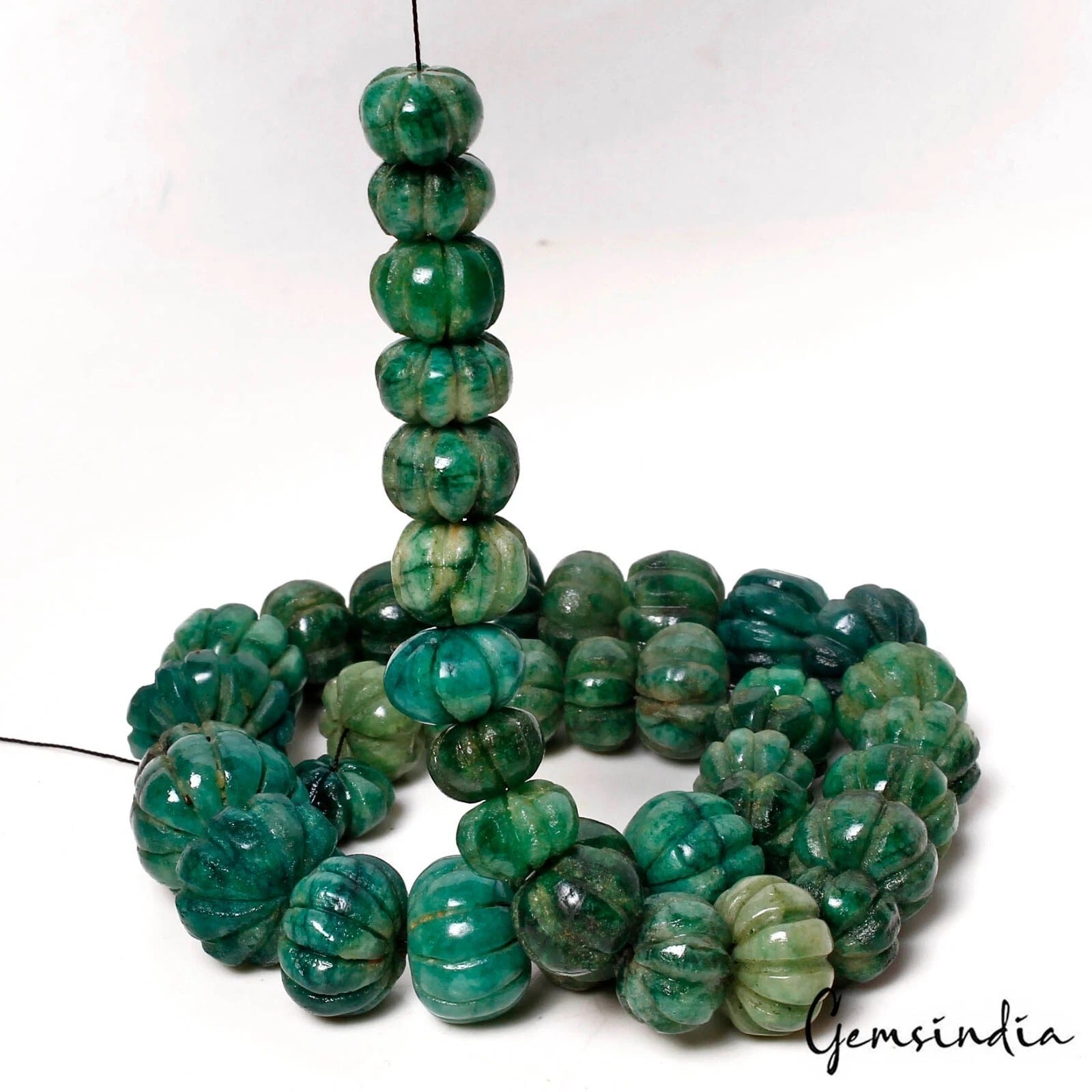 650 Ct Natural Green Brazilian Emerald Pumpkin Carving Loose Drilled Beads Gems