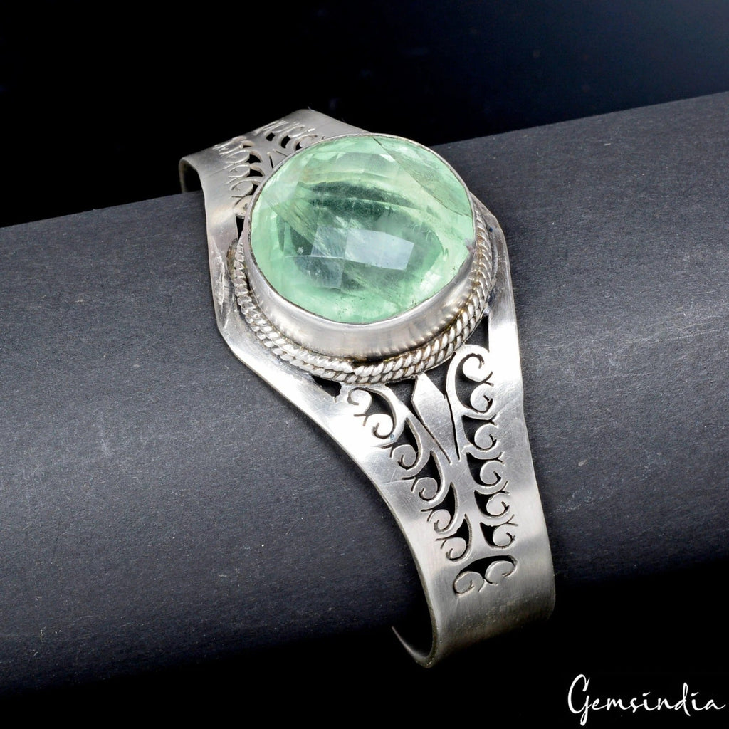 925 Sterling Silver Fluorite Gem Handmade Jewelry Adjustable Cuff Bracelet 43 gm