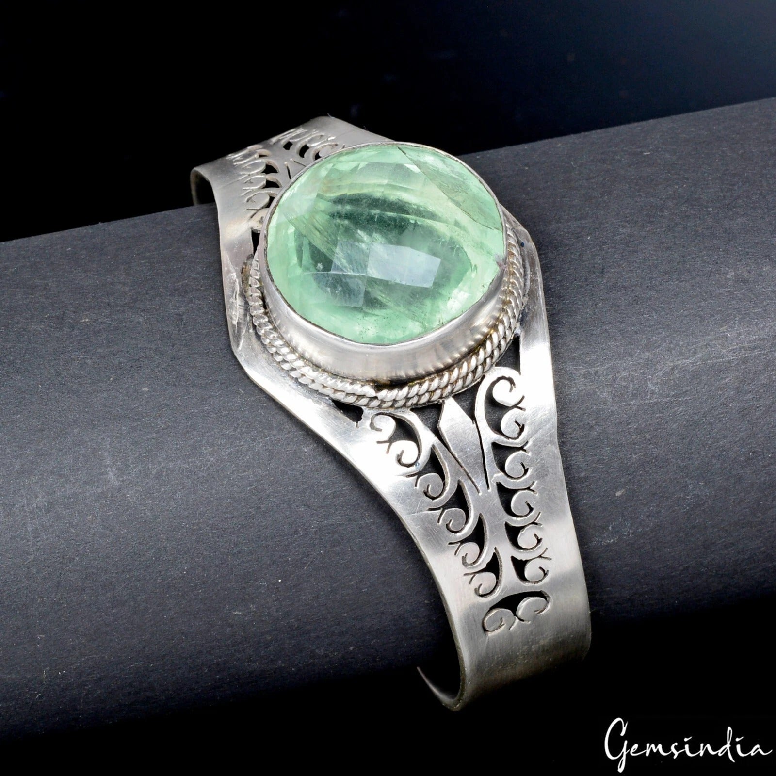 925 Sterling Silver Fluorite Gem Handmade Jewelry Adjustable Cuff Bracelet 43 gm