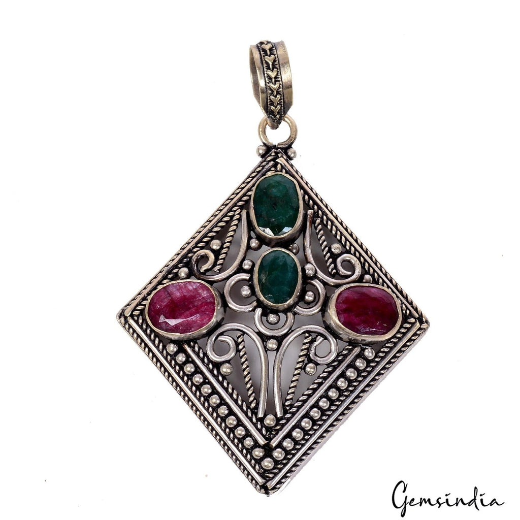 21.10gm Natural Red Ruby Green Emerald Gems With German Carved Silver Pendant 3"