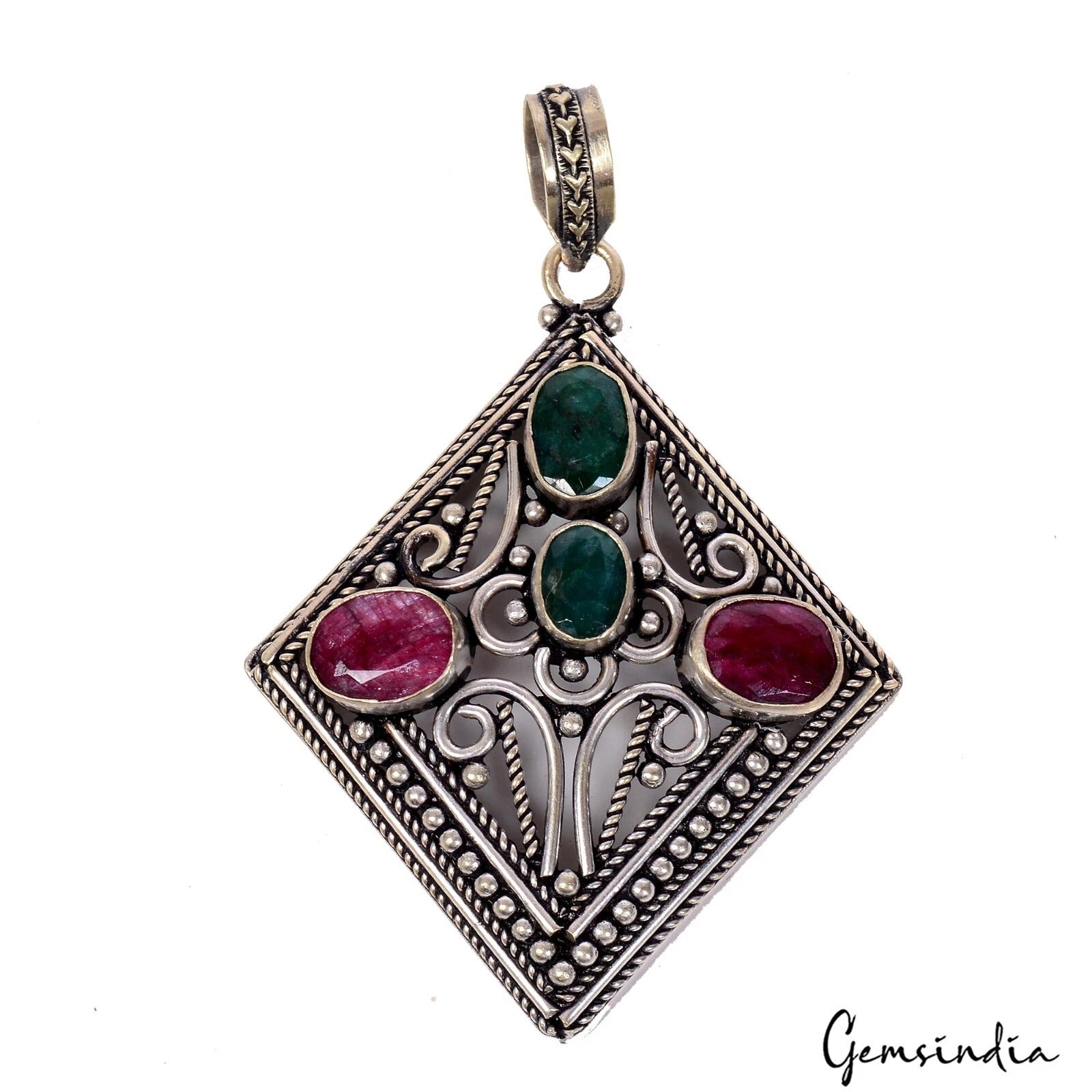 21.10gm Natural Red Ruby Green Emerald Gems With German Carved Silver Pendant 3"