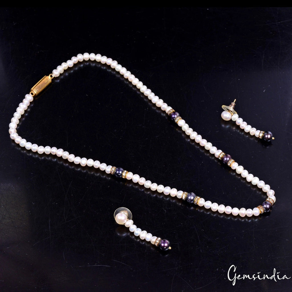 16" One Line Freshwater/Tahitian Pearl Beaded Handmade Necklace w/Drop Earrings