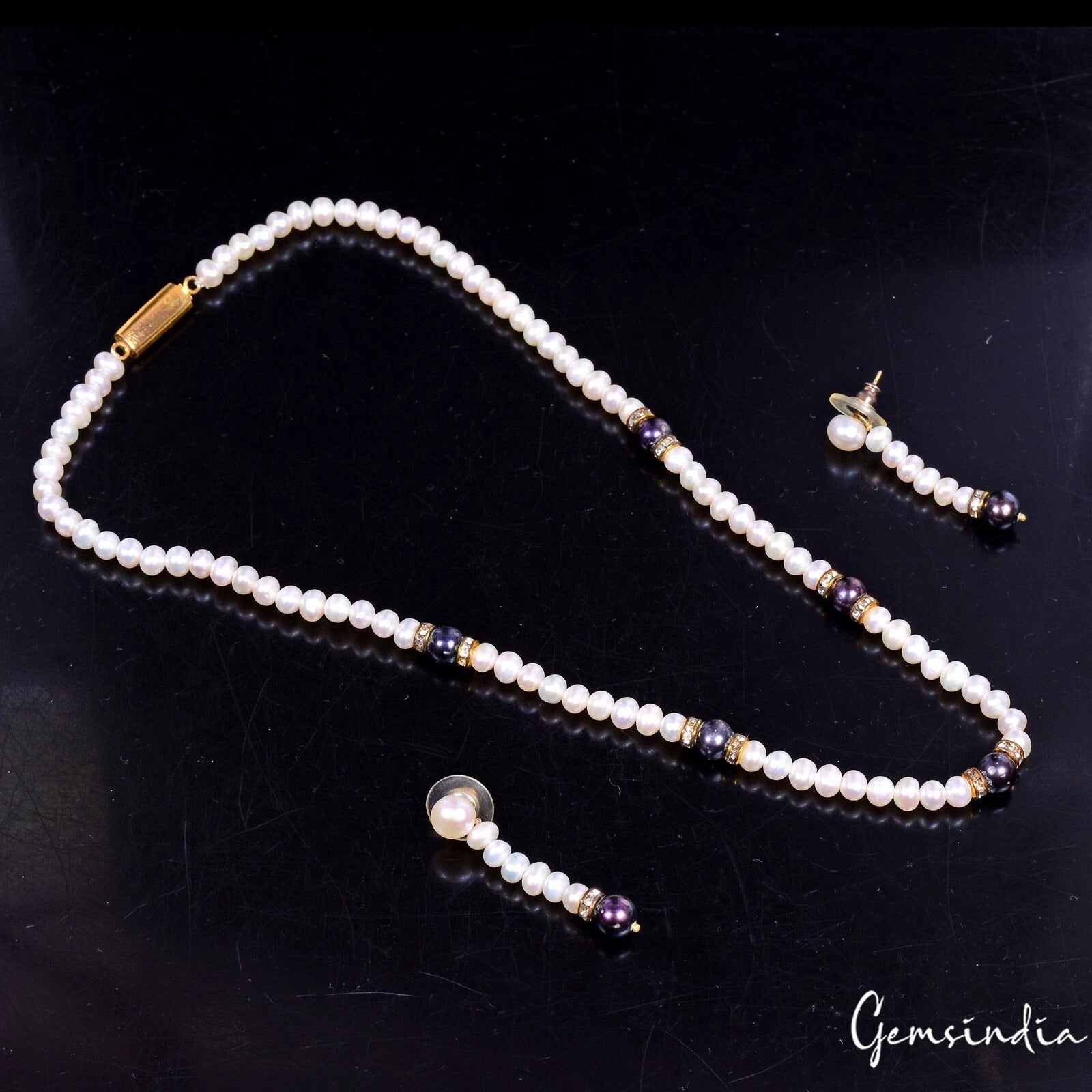 16" One Line Freshwater/Tahitian Pearl Beaded Handmade Necklace w/Drop Earrings