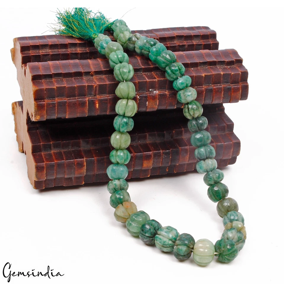 210 Ct Natural Green Emerald Round Drilled Pumpkin Carved Bead Gems Strand 12"