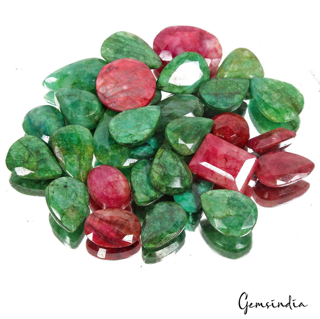 730 Cts/27 Pcs Natural Red Beryl Green Emerald Mixed Cut Loose Gems For Jewelry
