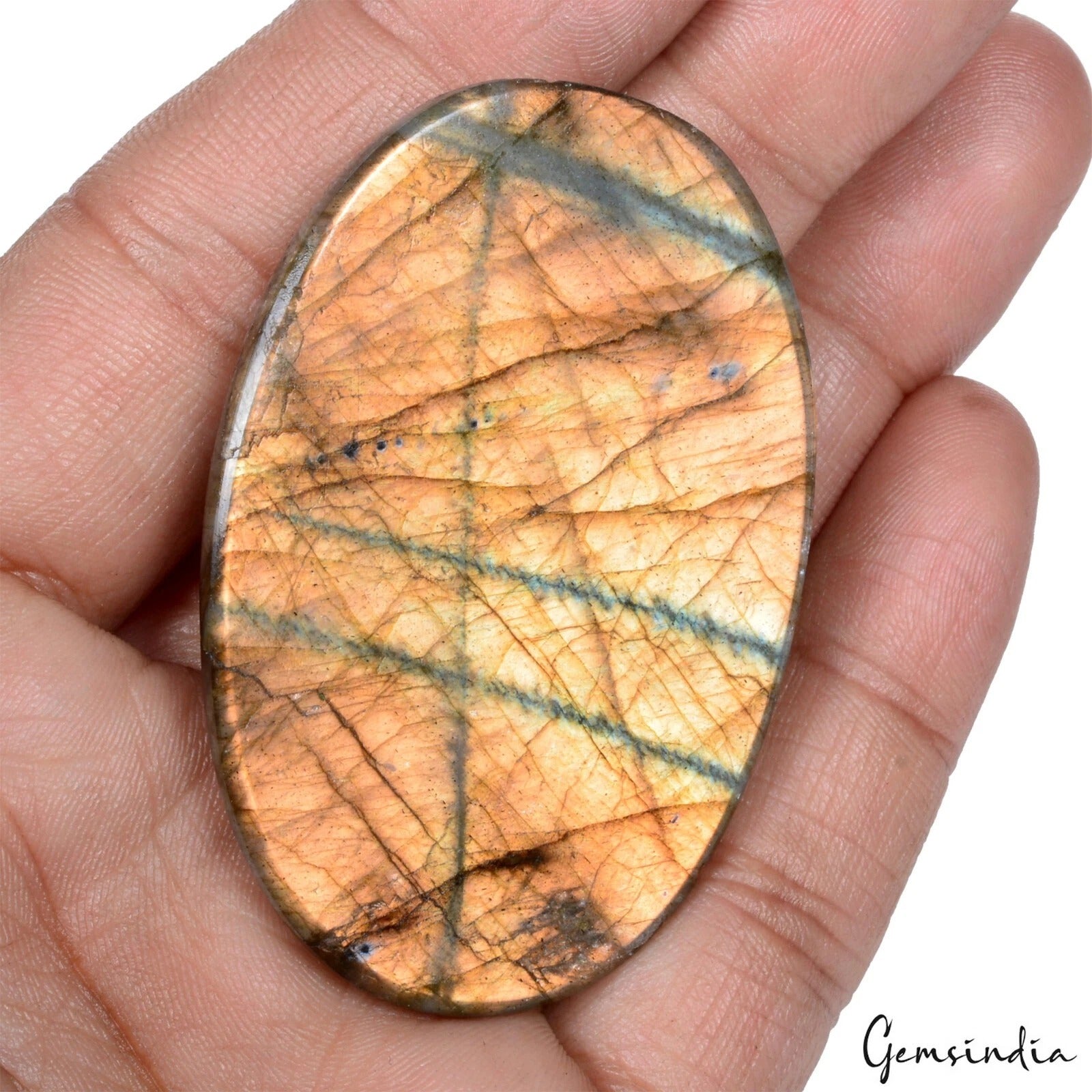 Labradorite Cabochon, Untreated, Yellow — 60 x 41 x 9 mm, 200.70 Ct