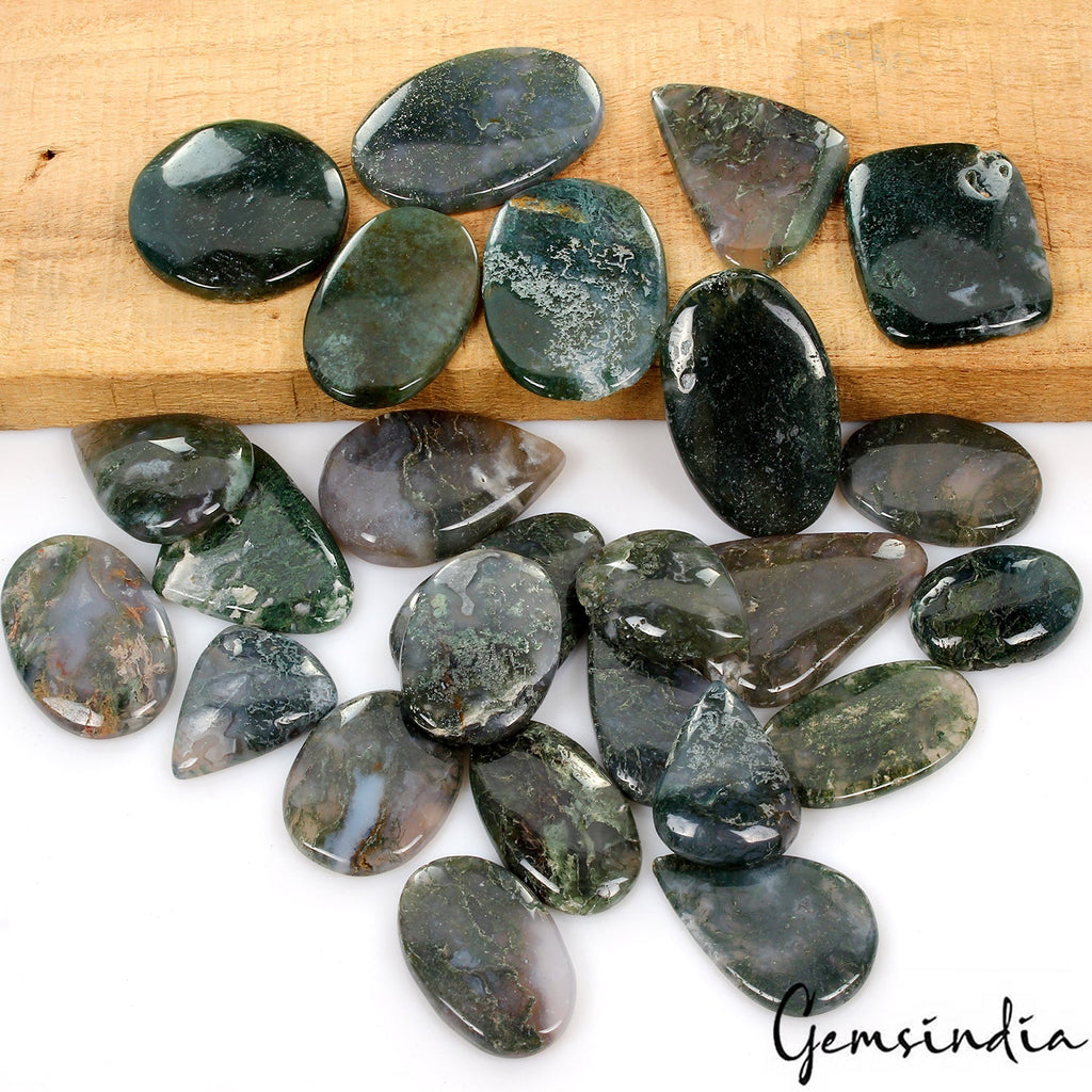 1530 Ct / 25 Pcs Natural Untreated White Green Moss Agate Mix Cab Wholesale Gems