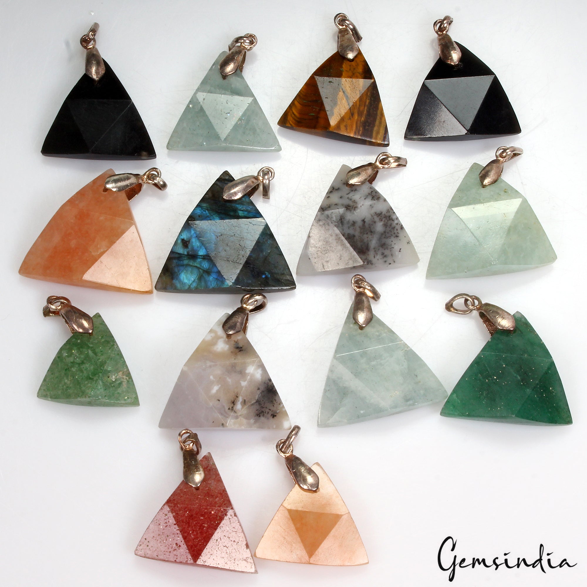 14Pc Natural Multi Gem Reversible Crystal Healing Trillion Shape Pendant Jewelry