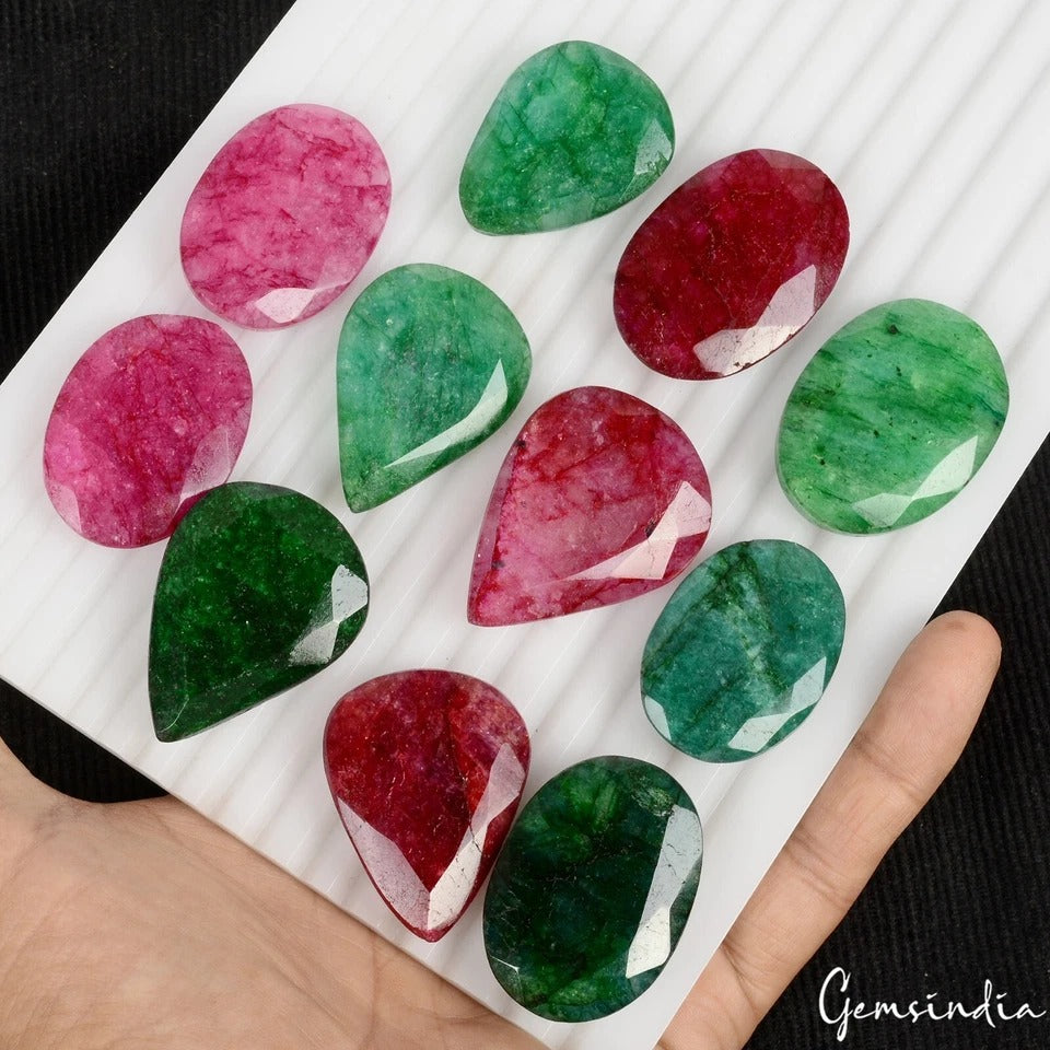 750 Ct/11 Pc Natural Red Beryl/Green Emerald Mix Cut Loose Pendant Size Gemstone