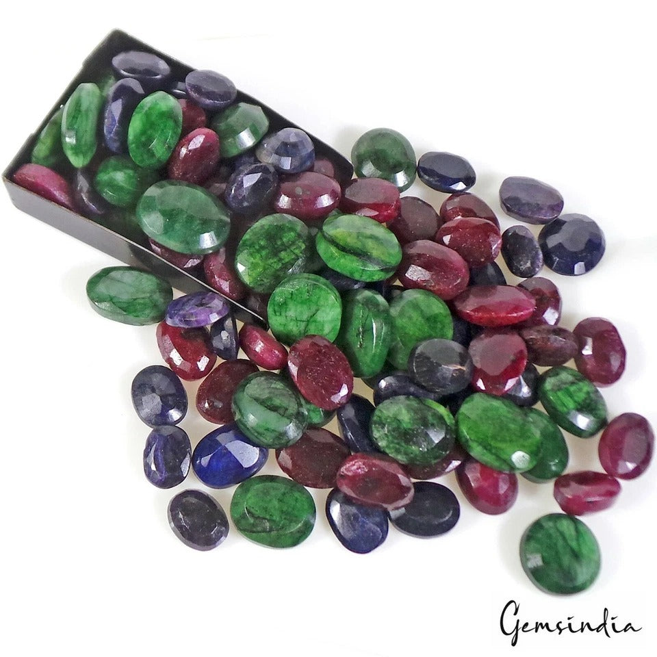 1300 Ct Natural Ruby Emerald Sapphire Mix Cut 12-20mm Loose Ring Size Gems~100Pc