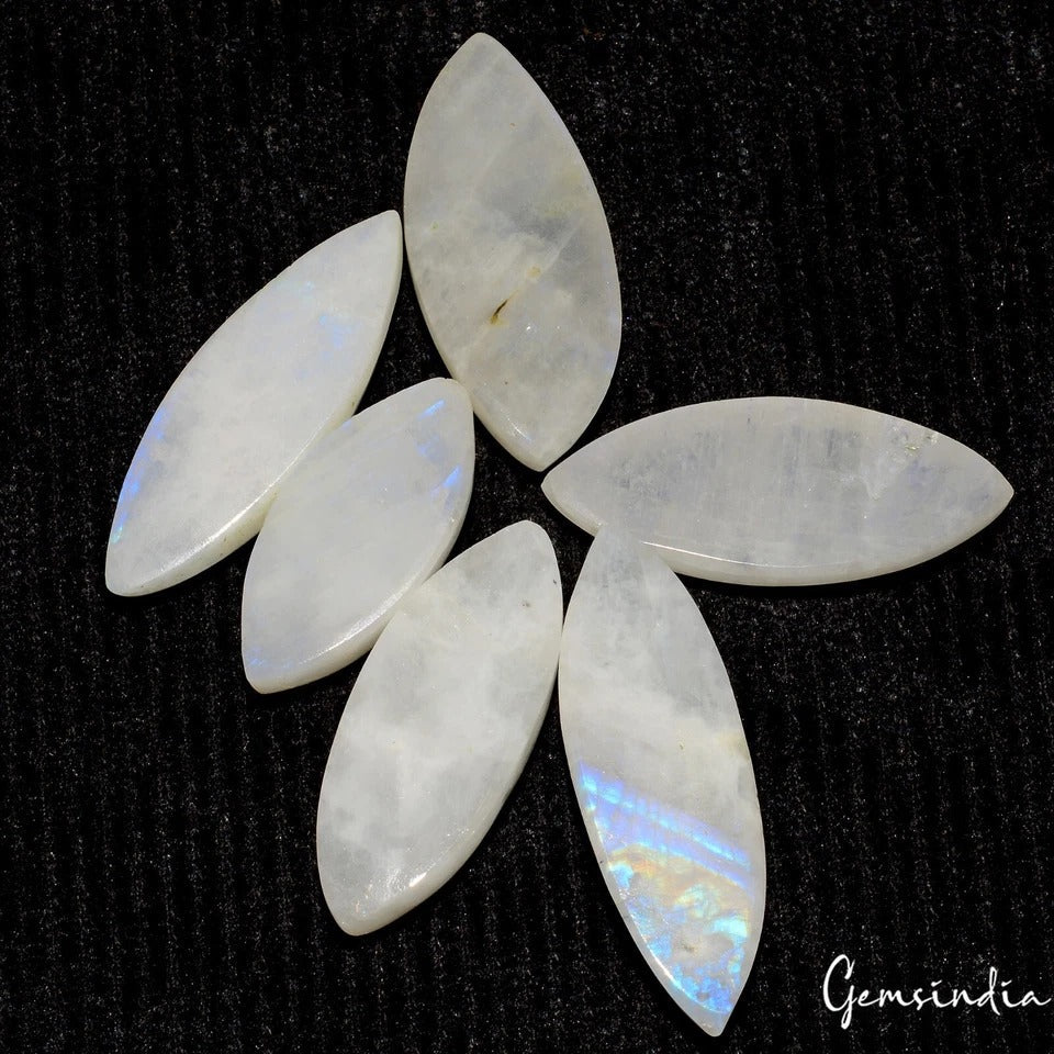 6 Pcs Natural Rainbow Moonstone Blue Shine Marquise Cab Loose Jewelry Gemstones